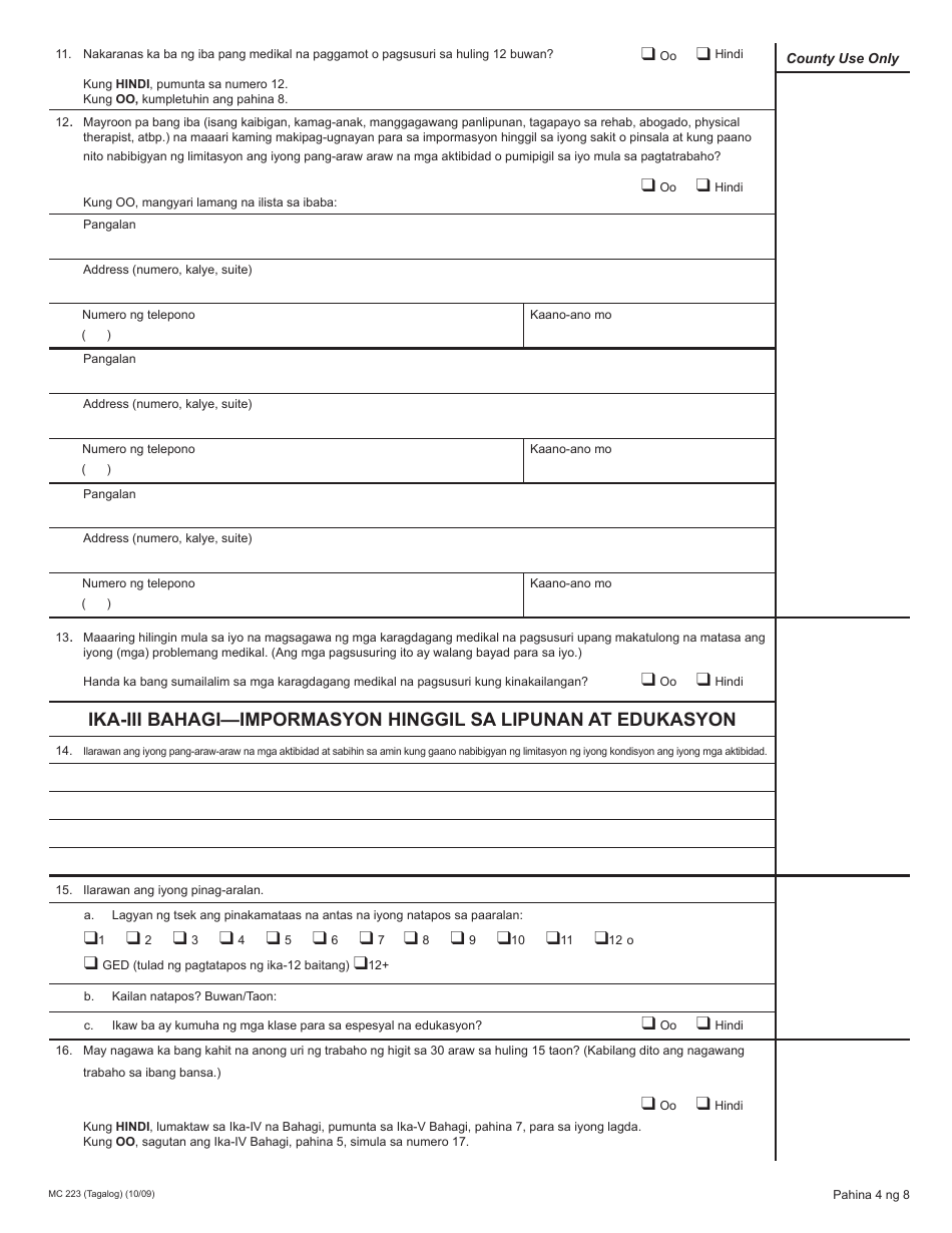 Form MC223 Applicants Supplemental Statement of Facts for Medi-Cal - California (Tagalog), Page 4