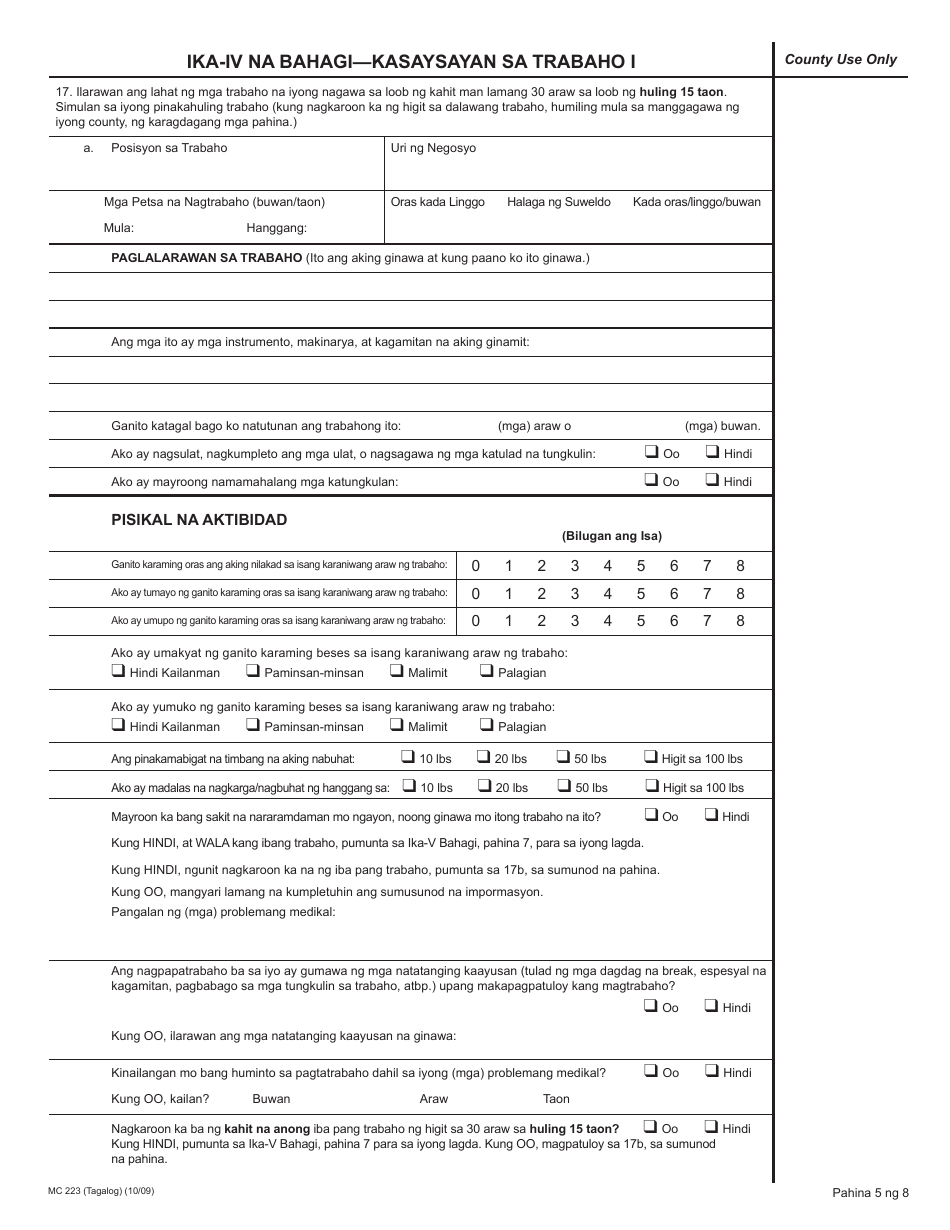 Form MC223 Applicants Supplemental Statement of Facts for Medi-Cal - California (Tagalog), Page 5
