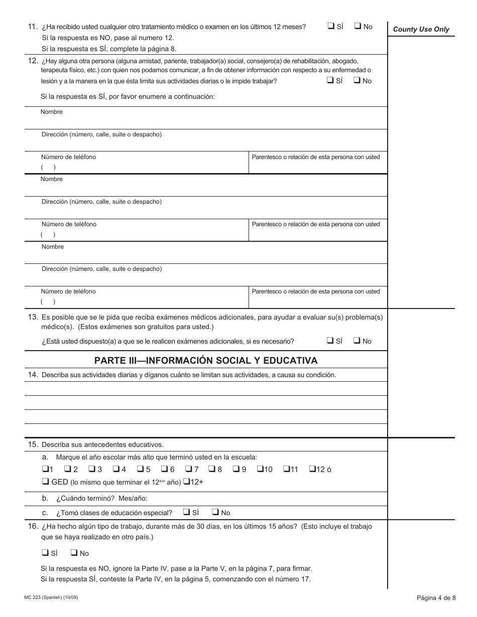 Formulario MC223 Declaracion Suplementaria De Informacion De La Persona Solicitante De Medi-Cal - California (Spanish), Page 4