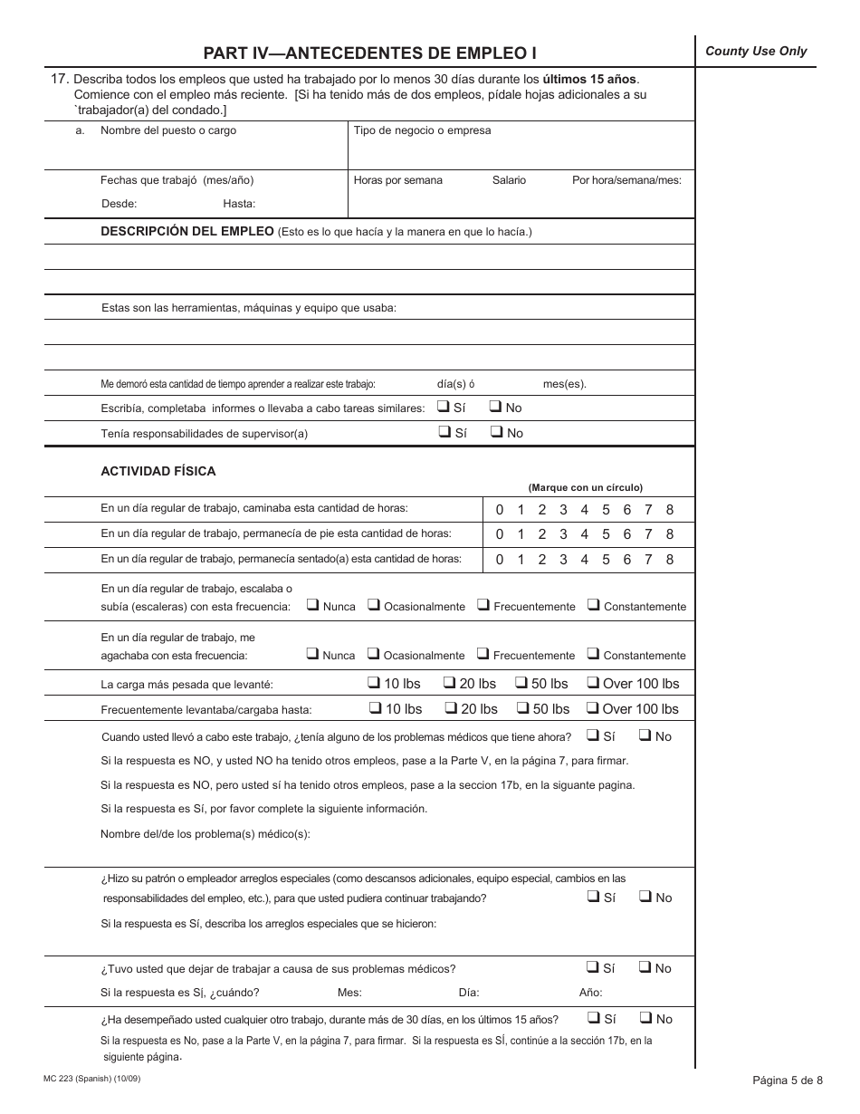 Formulario MC223 Declaracion Suplementaria De Informacion De La Persona Solicitante De Medi-Cal - California (Spanish), Page 5