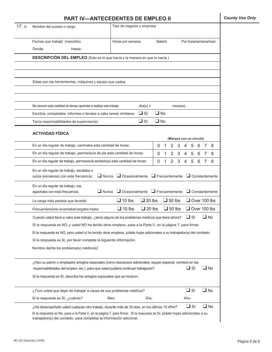 Formulario MC223 Declaracion Suplementaria De Informacion De La Persona Solicitante De Medi-Cal - California (Spanish), Page 6