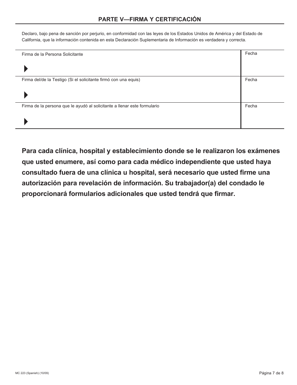 Formulario MC223 Declaracion Suplementaria De Informacion De La Persona Solicitante De Medi-Cal - California (Spanish), Page 7