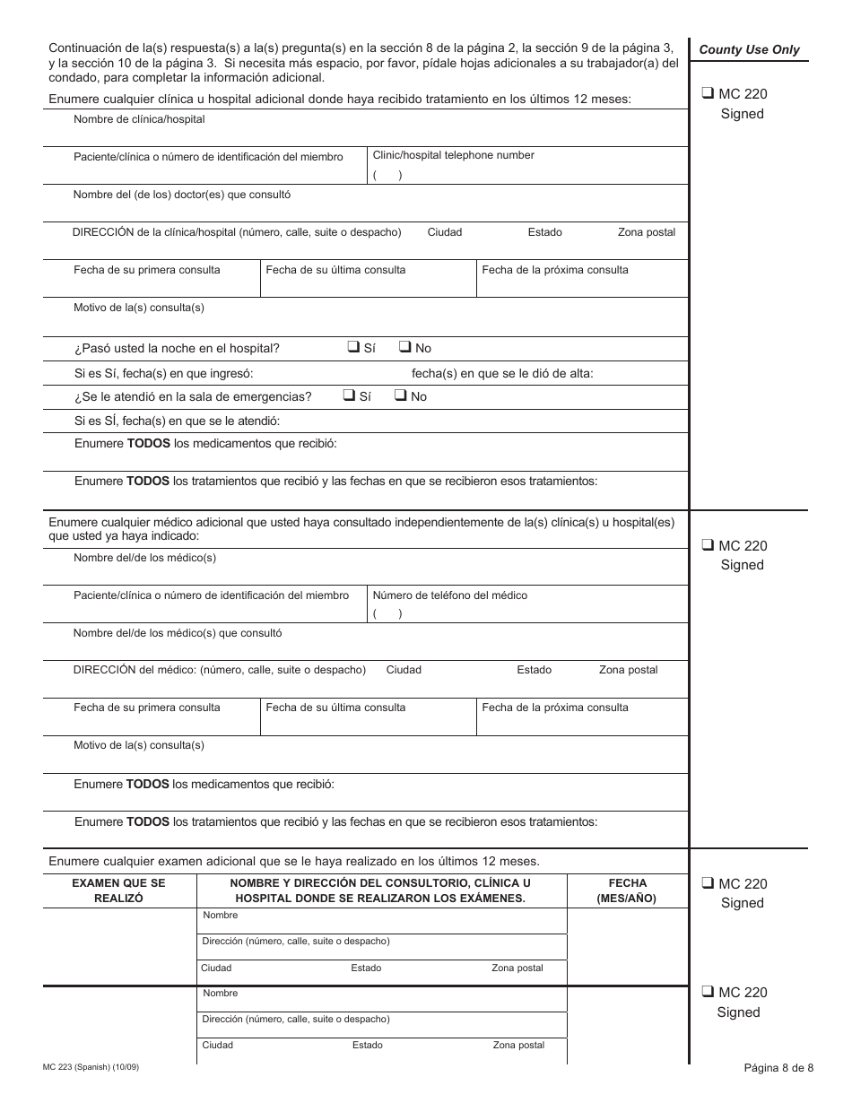 Formulario MC223 Declaracion Suplementaria De Informacion De La Persona Solicitante De Medi-Cal - California (Spanish), Page 8