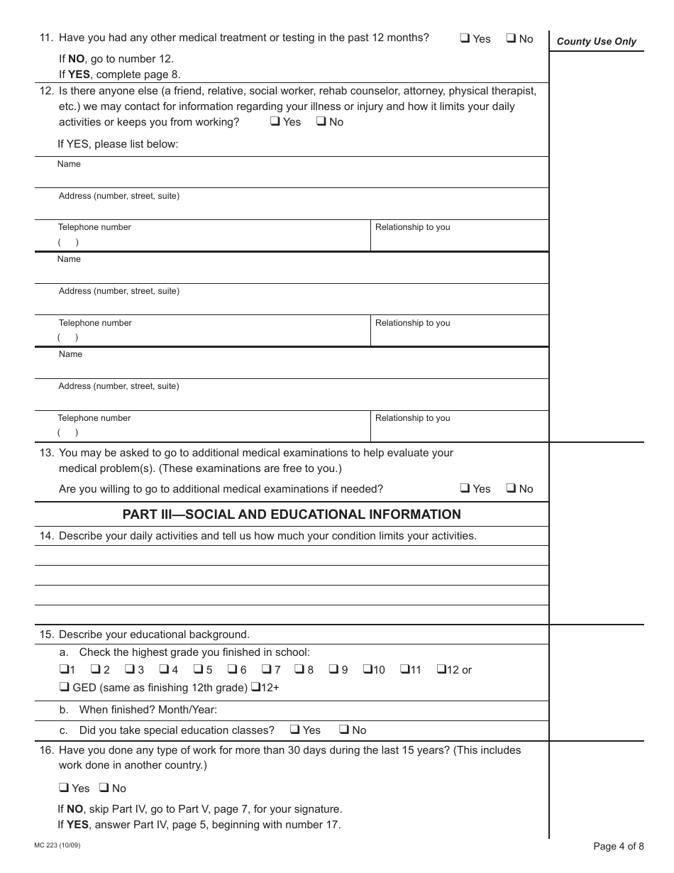 Form MC223 Applicants Supplemental Statement of Facts for Medi-Cal - California, Page 4