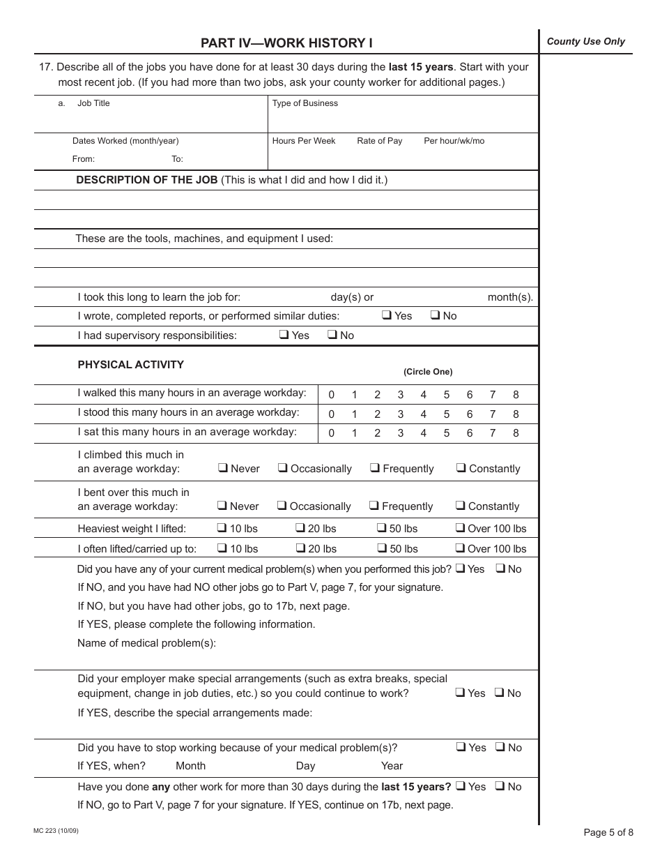 Form MC223 Applicants Supplemental Statement of Facts for Medi-Cal - California, Page 5