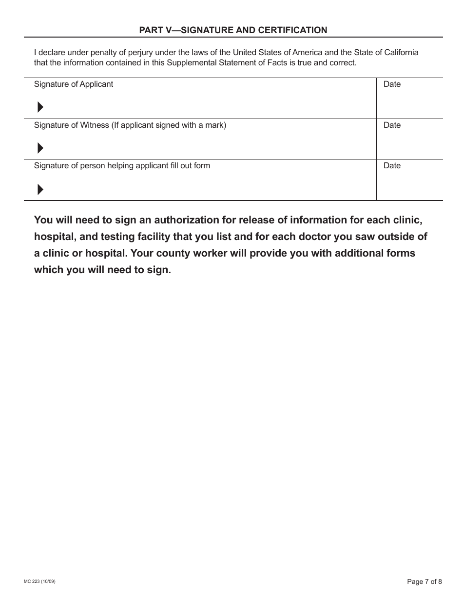 Form MC223 Applicants Supplemental Statement of Facts for Medi-Cal - California, Page 7