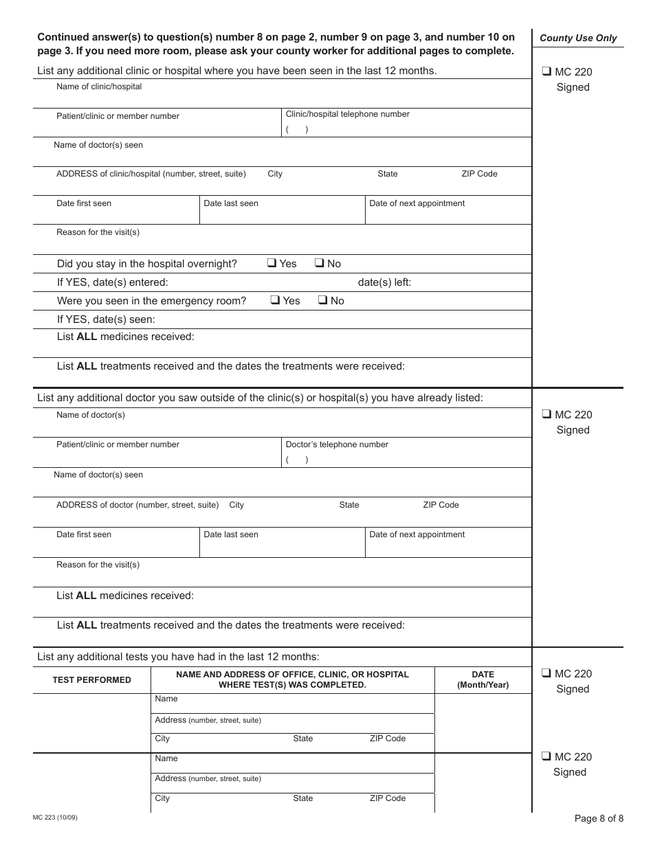 Form MC223 Applicants Supplemental Statement of Facts for Medi-Cal - California, Page 8
