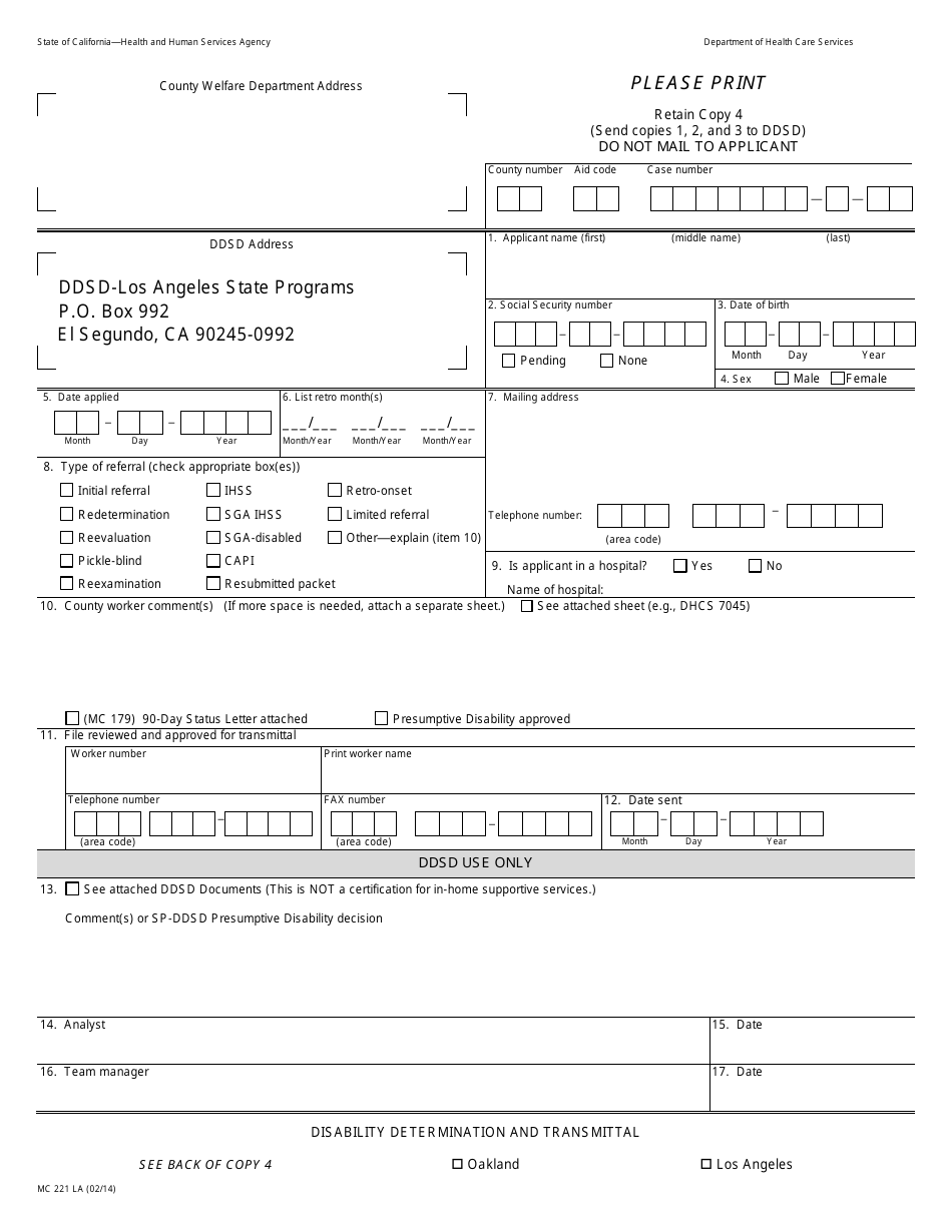 Form MC221 LA Disability Determination and Transmittal - California, Page 1
