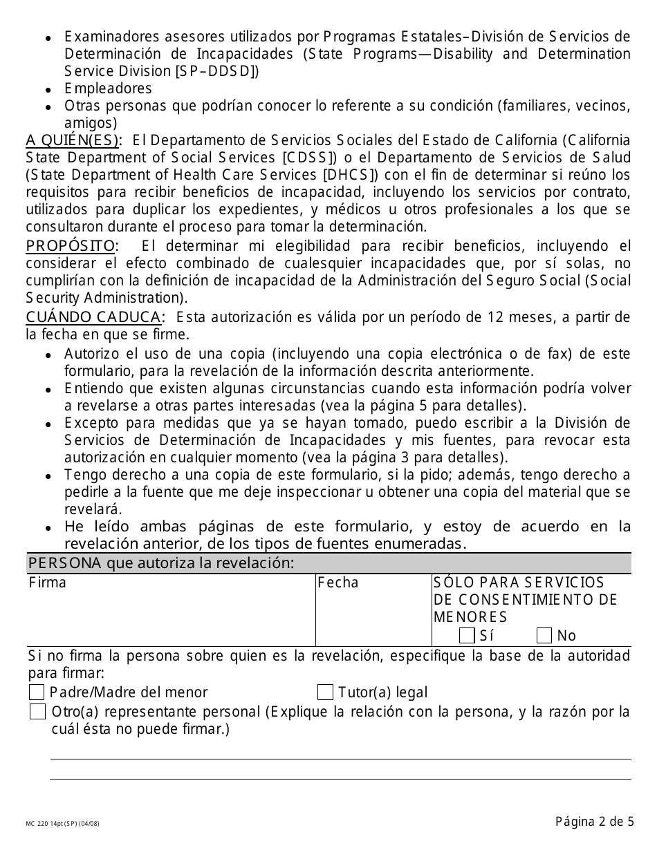 Formulario MC220 14PT Autorizacion Para La Revelacion De Informacion - California (Spanish), Page 2