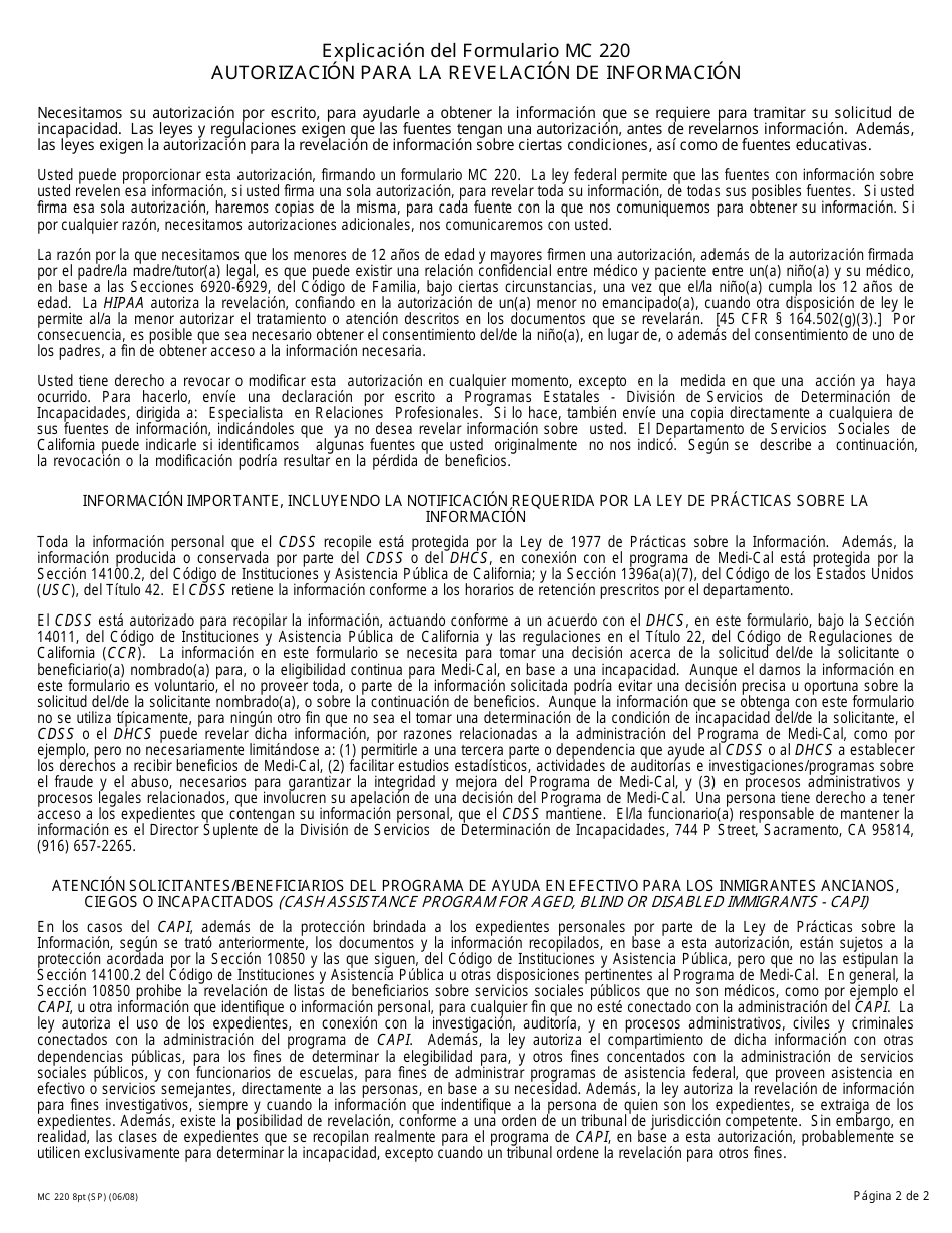 Formulario MC220 8PT Autorizacion Para La Revelacion De Informacion - California (Spanish), Page 2