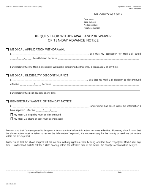 Form MC215 Request for Withdrawal and/or Waiver of Ten-Day Advance Notice - California