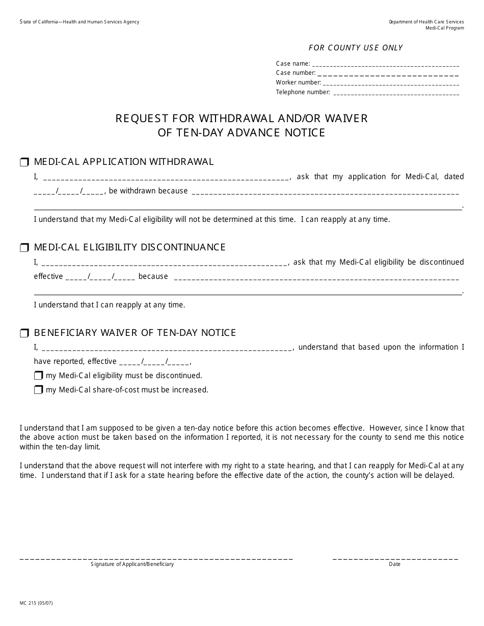 Form MC215 Request for Withdrawal and / or Waiver of Ten-Day Advance Notice - California, Page 1