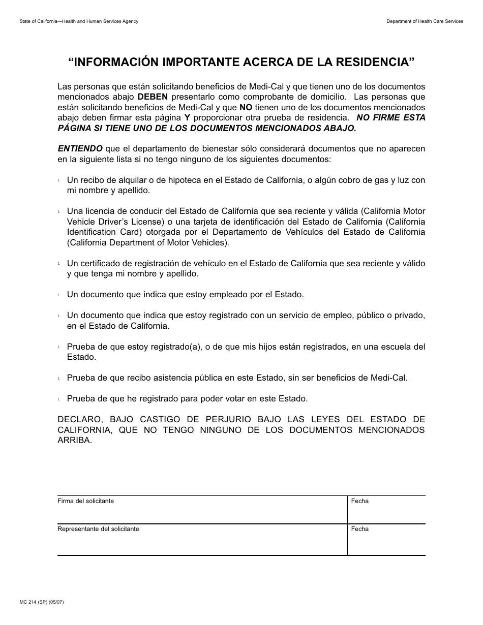 Formulario MC214 Informacion Importante Acerca De La Residencia - California (Spanish), Page 1