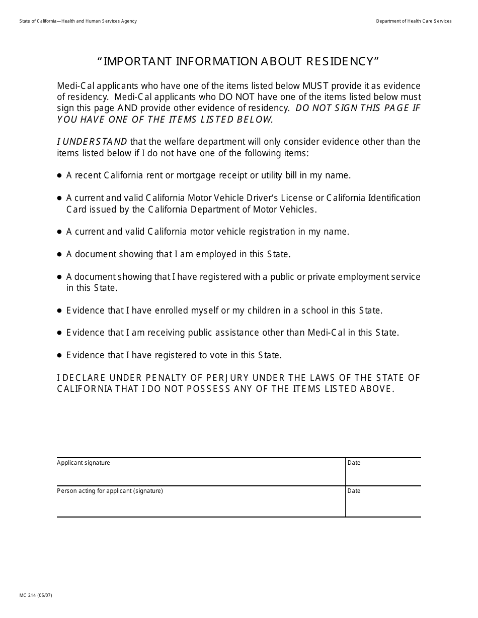 Form MC214 Important Information About Residency - California, Page 1