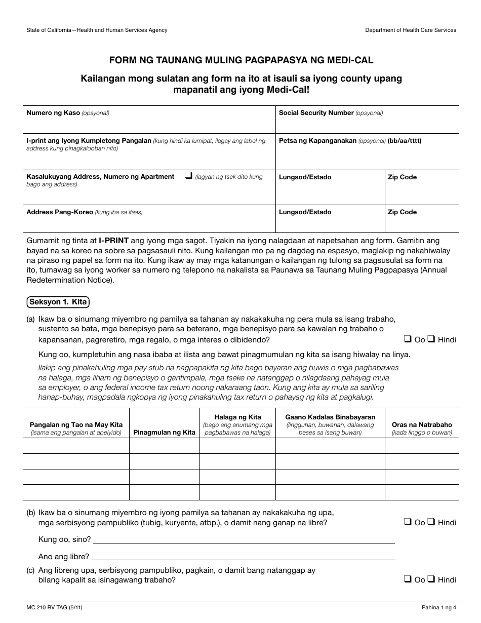 Form MC210 RV Medi-Cal Annual Redetermination Form - California (Tagalog), Page 1