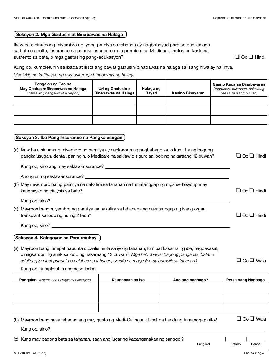 Form MC210 RV Medi-Cal Annual Redetermination Form - California (Tagalog), Page 2