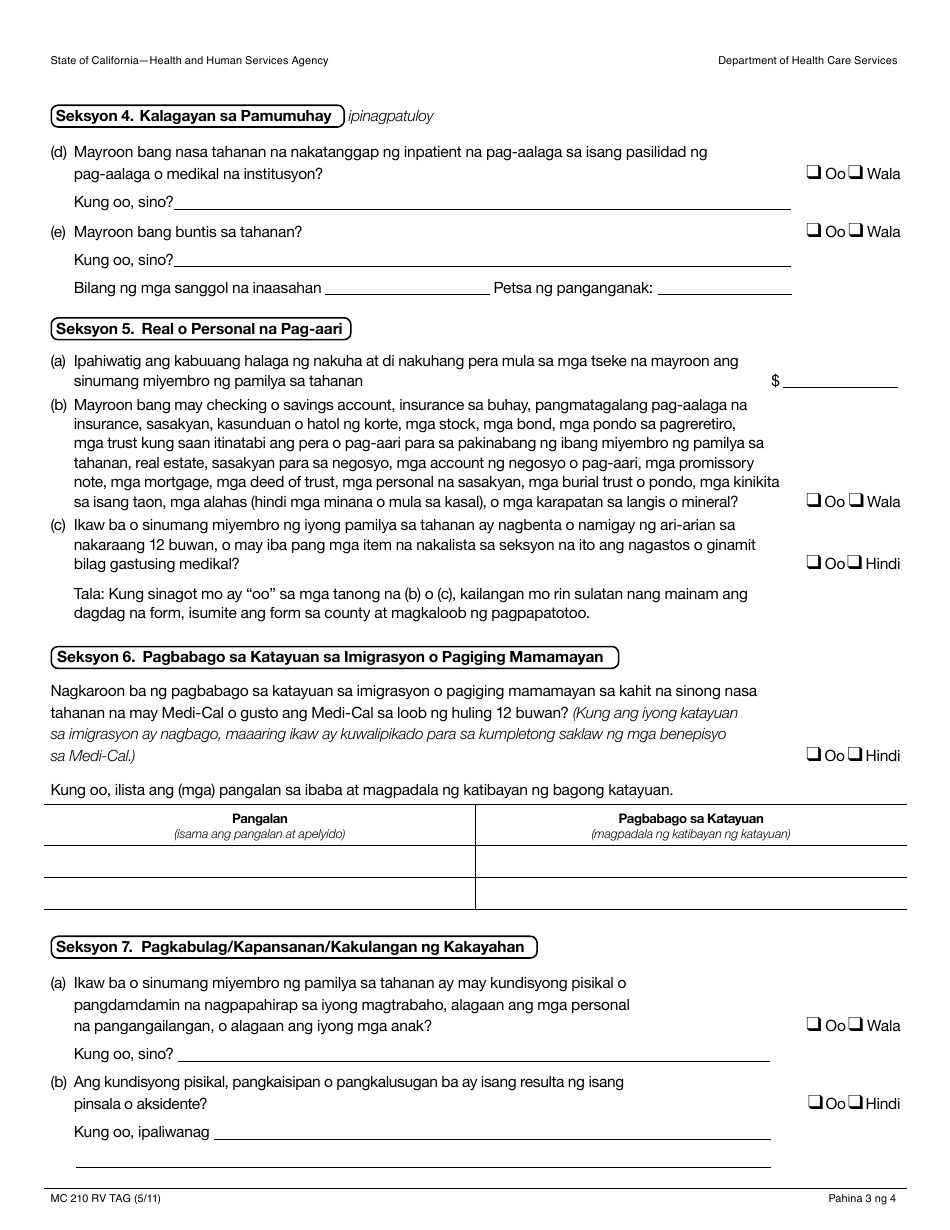 Form MC210 RV Medi-Cal Annual Redetermination Form - California (Tagalog), Page 3