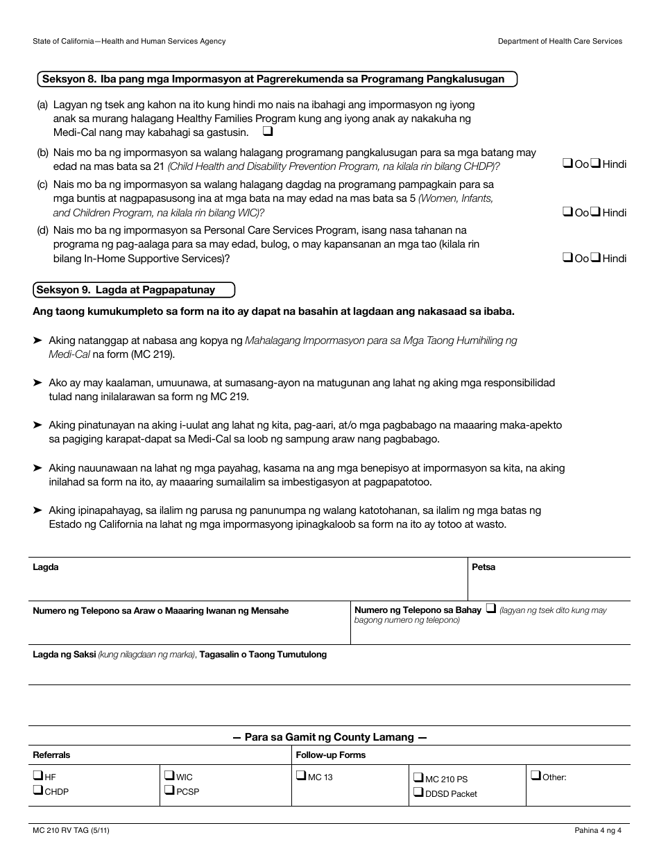 Form MC210 RV Medi-Cal Annual Redetermination Form - California (Tagalog), Page 4