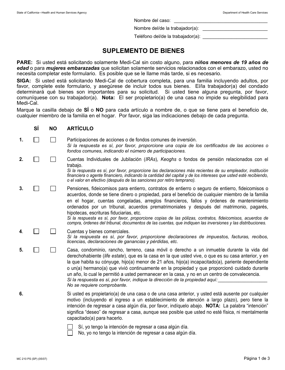 Formulario MC210 PS Suplemento De Bienes - California (Spanish), Page 1