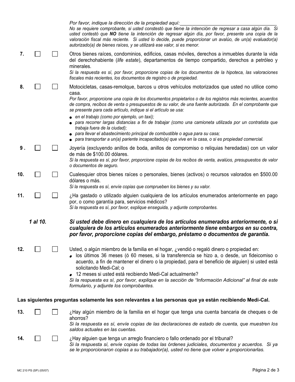 Formulario MC210 PS Suplemento De Bienes - California (Spanish), Page 2