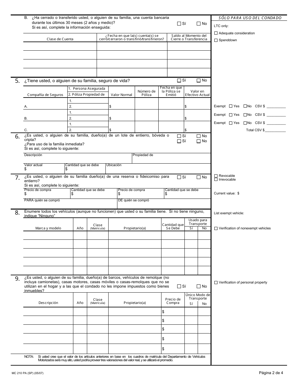 Formulario MC210 PA Declaracion De Informacion Sobre La Evaluacion De Bienes - California (Spanish), Page 2