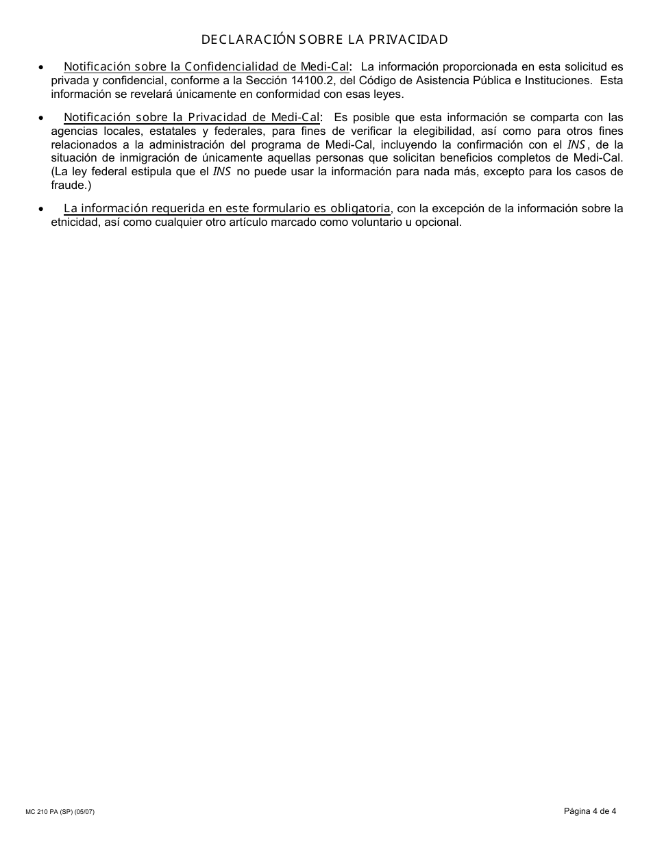 Formulario MC210 PA Declaracion De Informacion Sobre La Evaluacion De Bienes - California (Spanish), Page 4