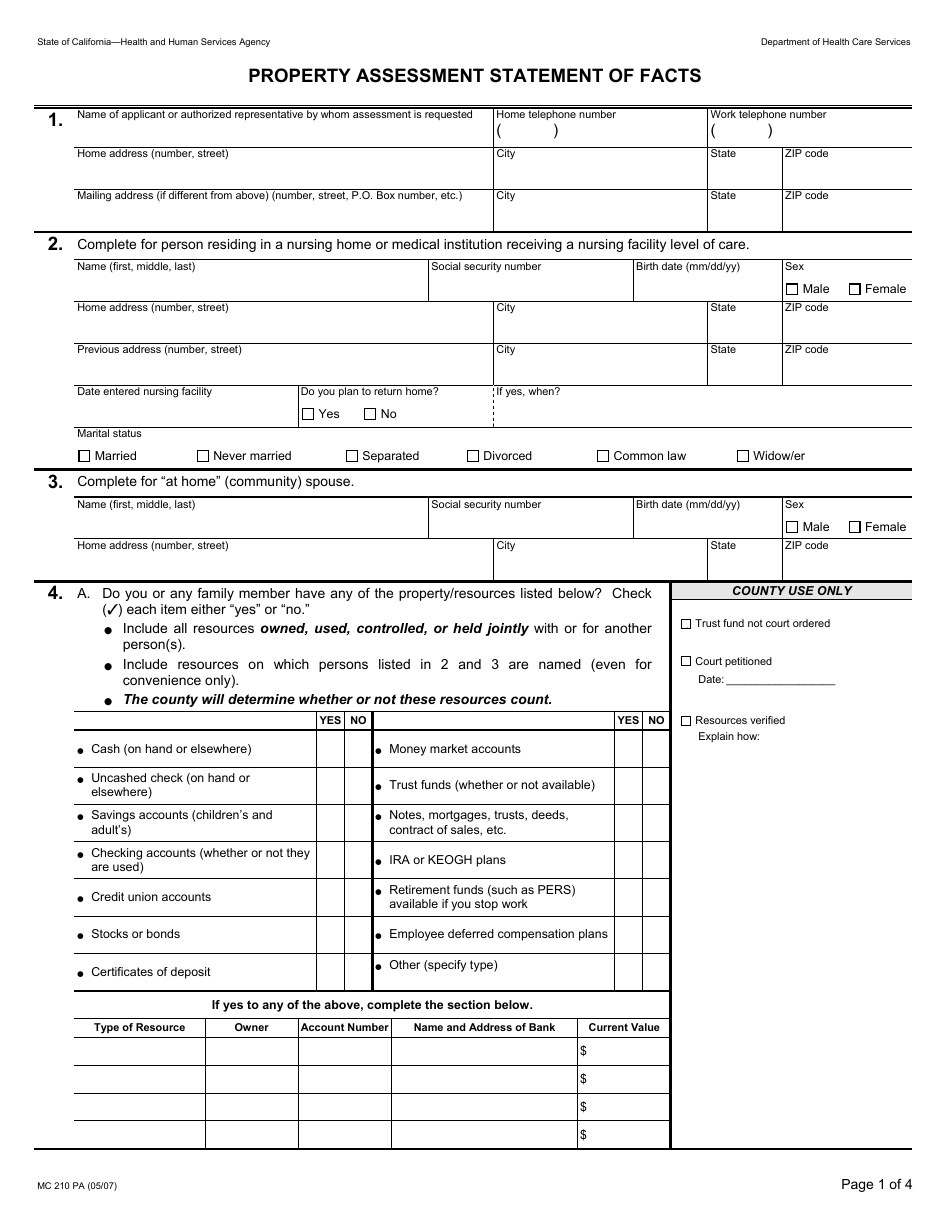 Form MC210 PA Property Assessment Statement of Facts - California, Page 1