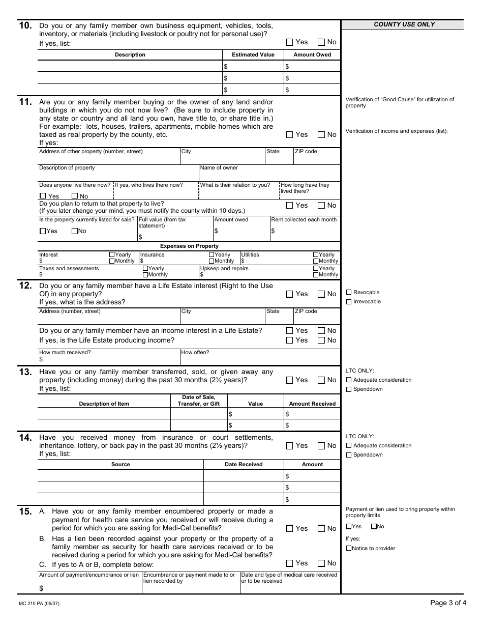 Form MC210 PA Property Assessment Statement of Facts - California, Page 3