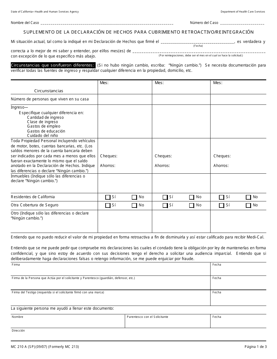 Formulario MC210 A Suplemento De La Declaracion De Hechos Para Cubrimiento Retroactivo / Reintegracion - California (Spanish), Page 1
