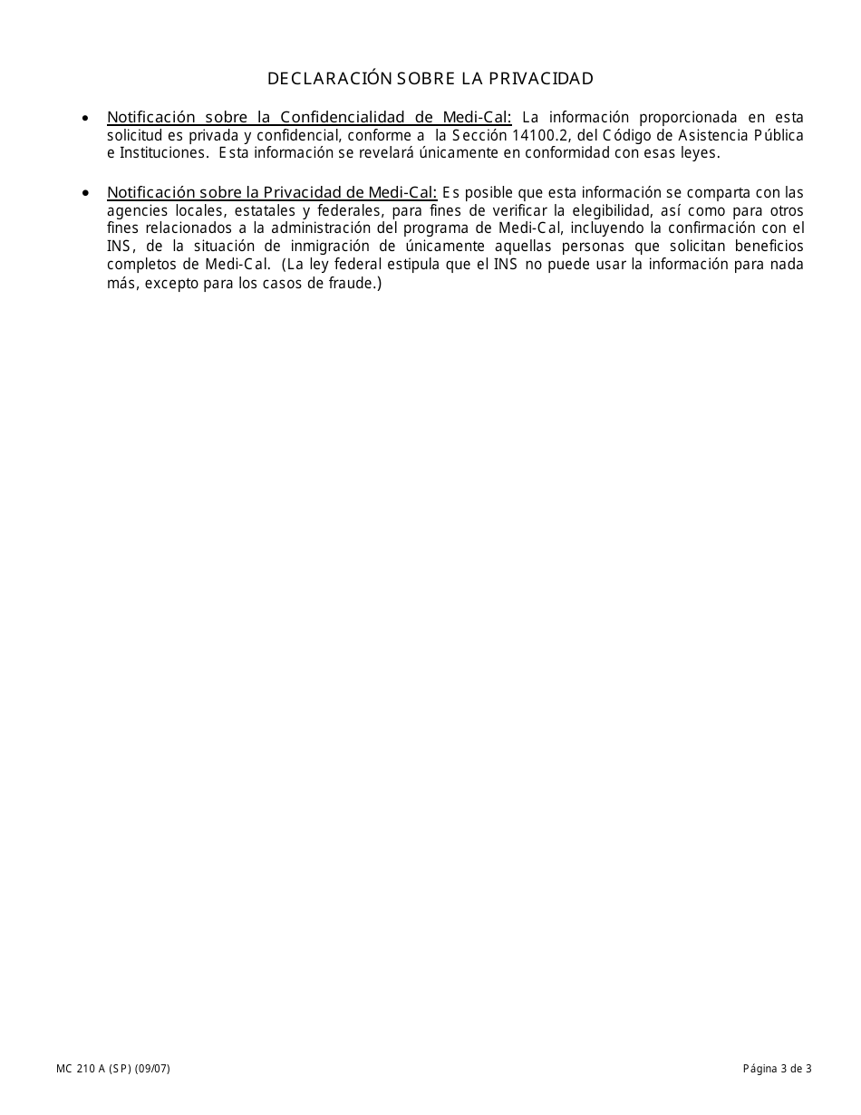 Formulario MC210 A Suplemento De La Declaracion De Hechos Para Cubrimiento Retroactivo / Reintegracion - California (Spanish), Page 3