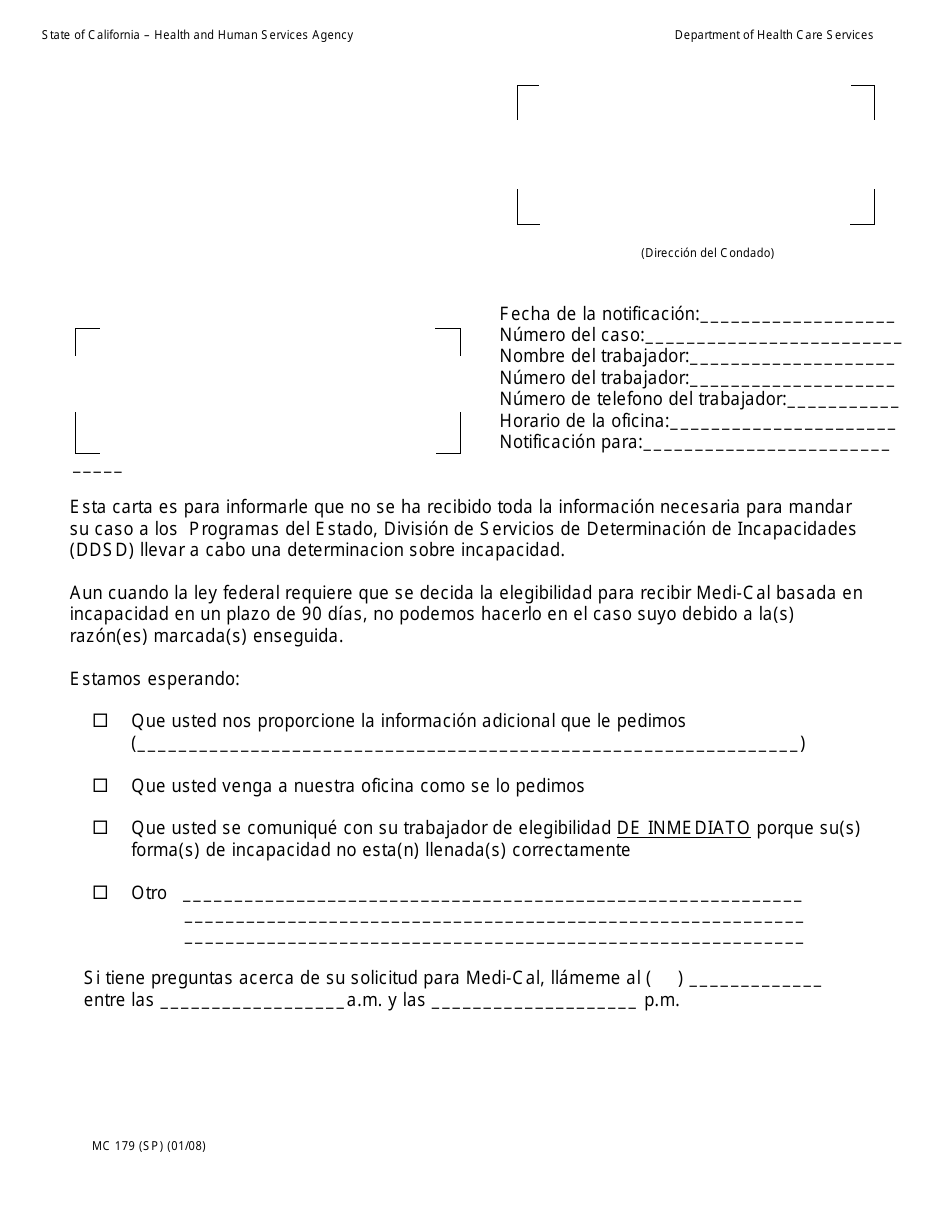 Formulario MC179 Information Letter - California (Spanish), Page 1