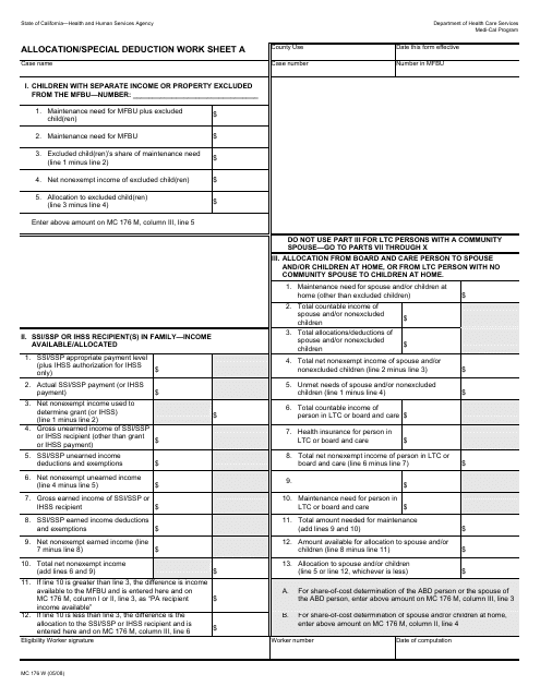 Form MC176 W Allocation/Special Deduction Worksheet - California