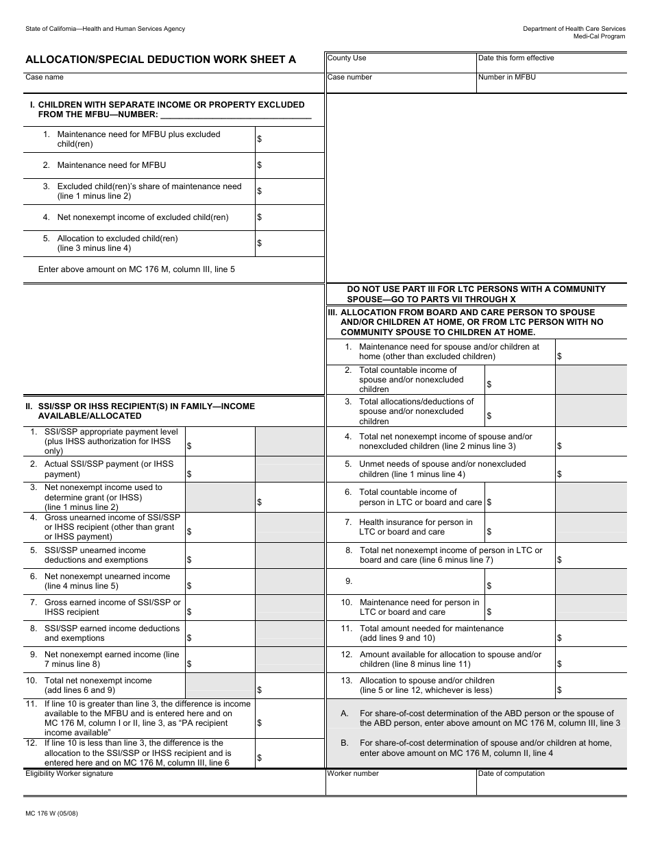 Form MC176 W Allocation / Special Deduction Worksheet - California, Page 1