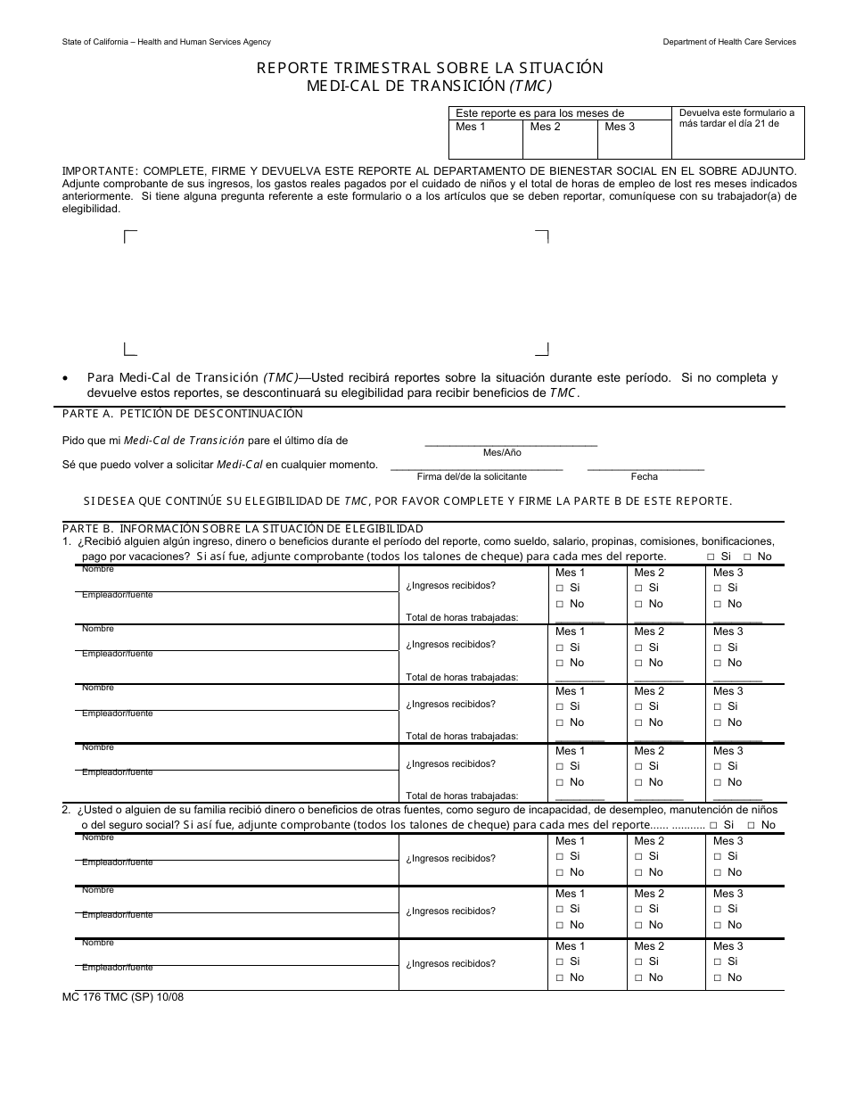 Formulario MC176 TMC Reporte Trimestral Sobre La Situacion Medi-Cal De Transicion (Tmc) - California (Spanish), Page 1
