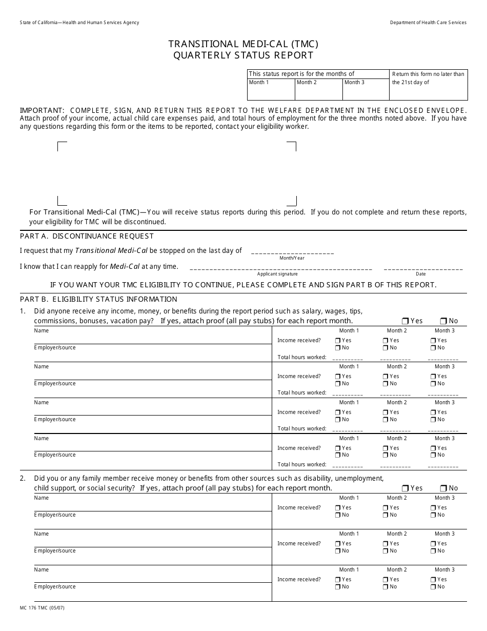 Form MC176 TMC Transitional Medi-Cal (Tmc) Quarterly Status Report - California, Page 1