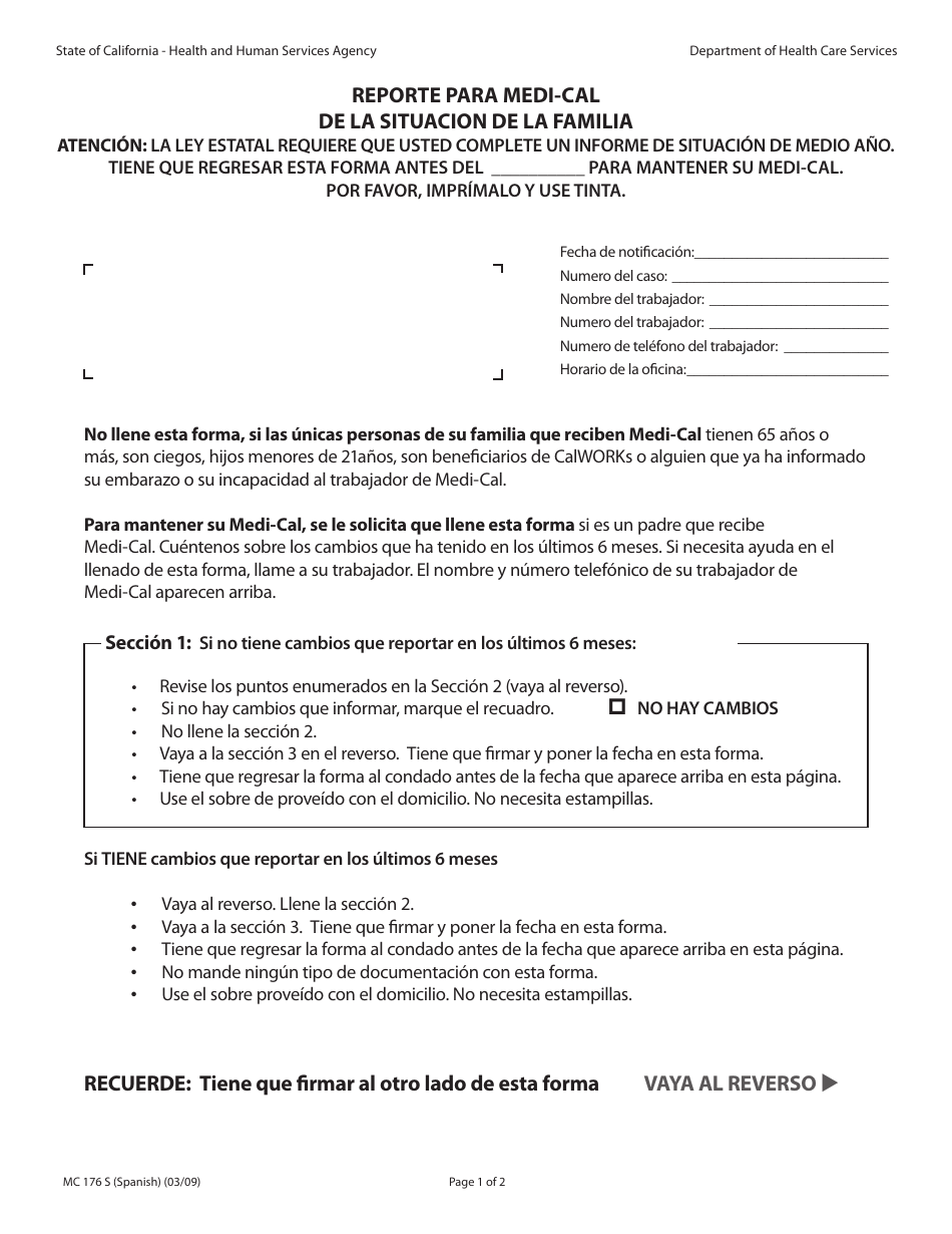 Formulario MC176 S Reporte Para Medi-Cal De La Situacion De La Familia - California (Spanish), Page 1