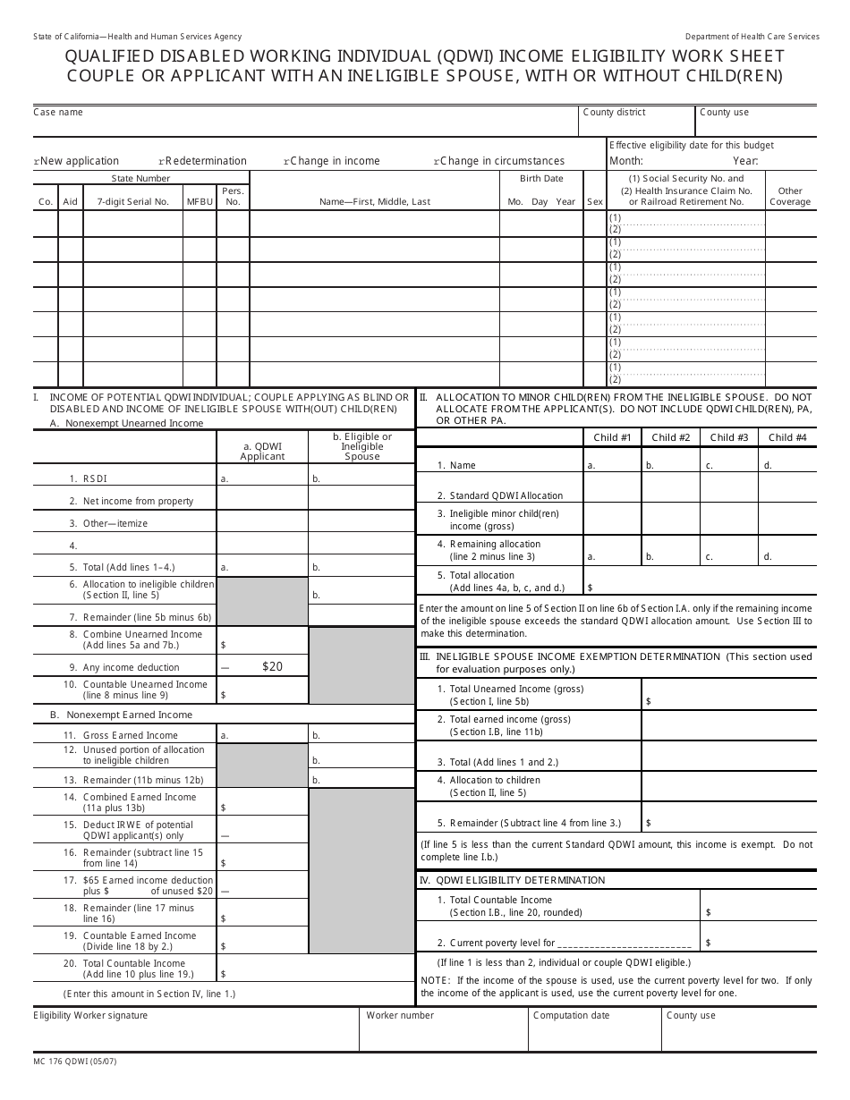 Form MC176 QDWI Qualified Disabled Working Individual (Qdwi) Income Eligibility Work Sheet (Couple or Applicant With an Ineligible Spouse, With or Without a Child(Ren)) - California, Page 4