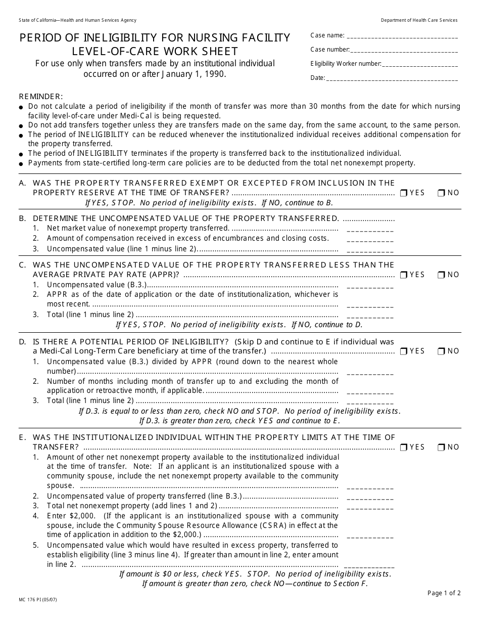 Form MC176 PI Period of Ineligibility for Nursing Facility Level-Of-Care Work Sheet - California, Page 1