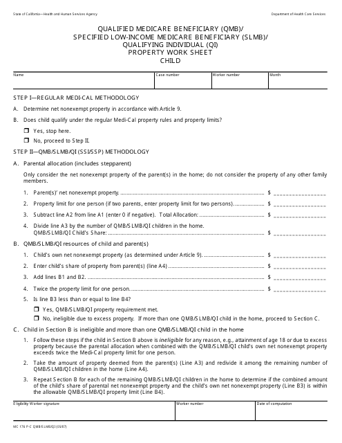 Form MC176 P-C QMB/SLMB/QI Qualified Medicare Beneficiary (Qmb)/ Specified Low-Income Medicare Beneficiary (Slmb)/ Qualifying Individual (Qi) Property Work Sheet - Child - California