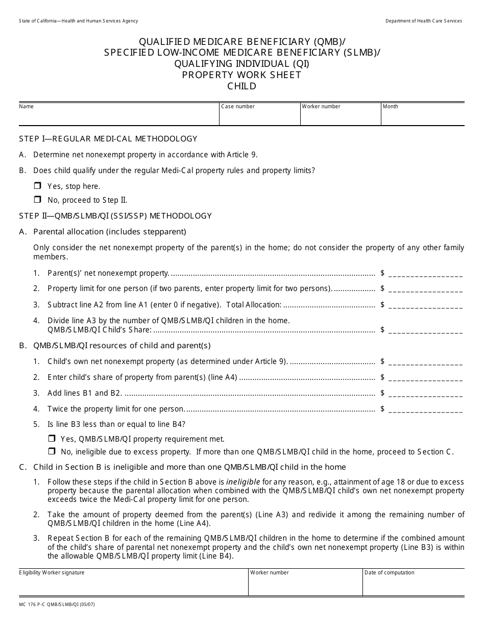 Form MC176 P-C QMB / SLMB / QI Qualified Medicare Beneficiary (Qmb) / Specified Low-Income Medicare Beneficiary (Slmb) / Qualifying Individual (Qi) Property Work Sheet - Child - California, Page 1