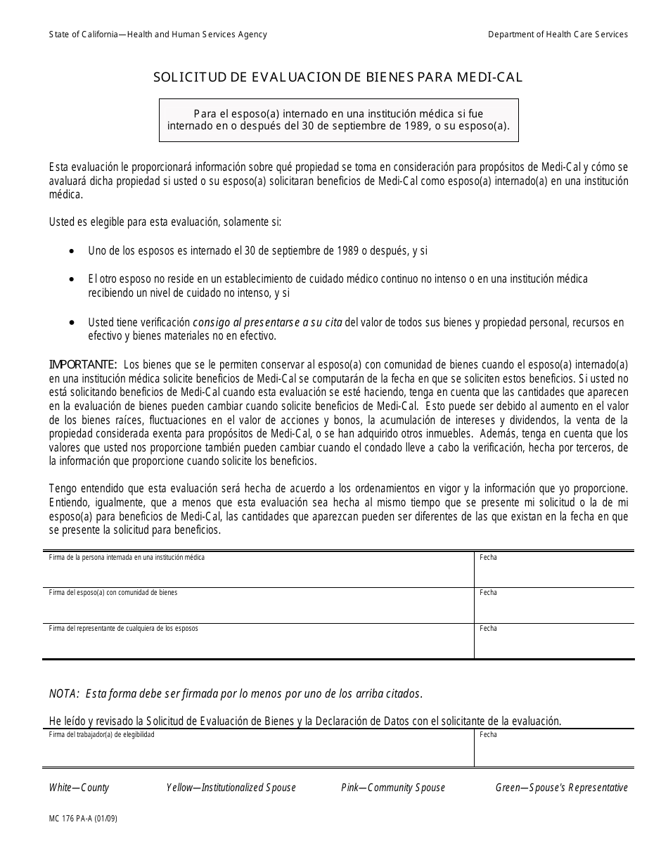 Formulario MC176 PA-A Solicitud De Evaluacion De Bienes Para Medi-Cal - California (Spanish), Page 1