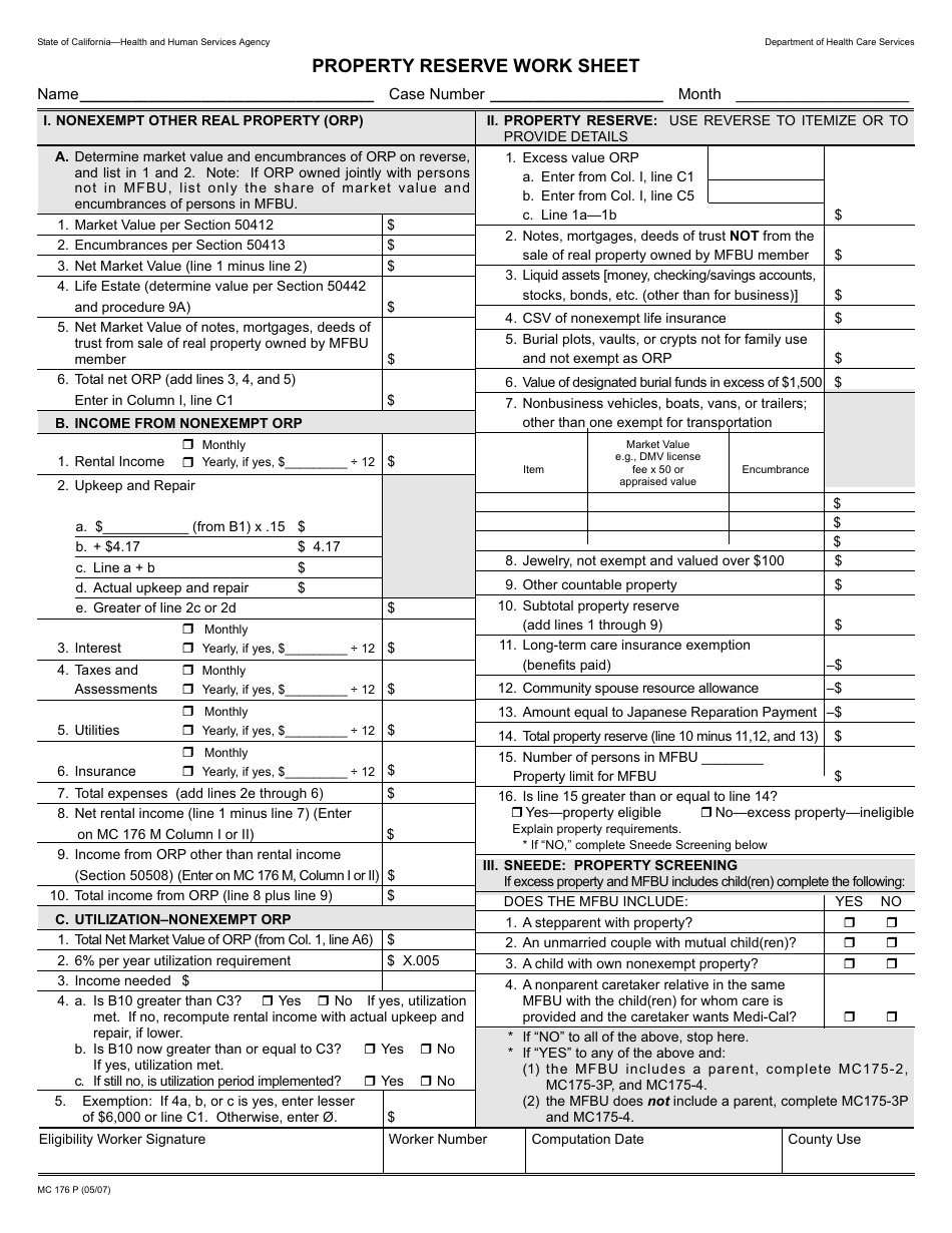 Form MC176 P Property Reserve Work Sheet - California, Page 1