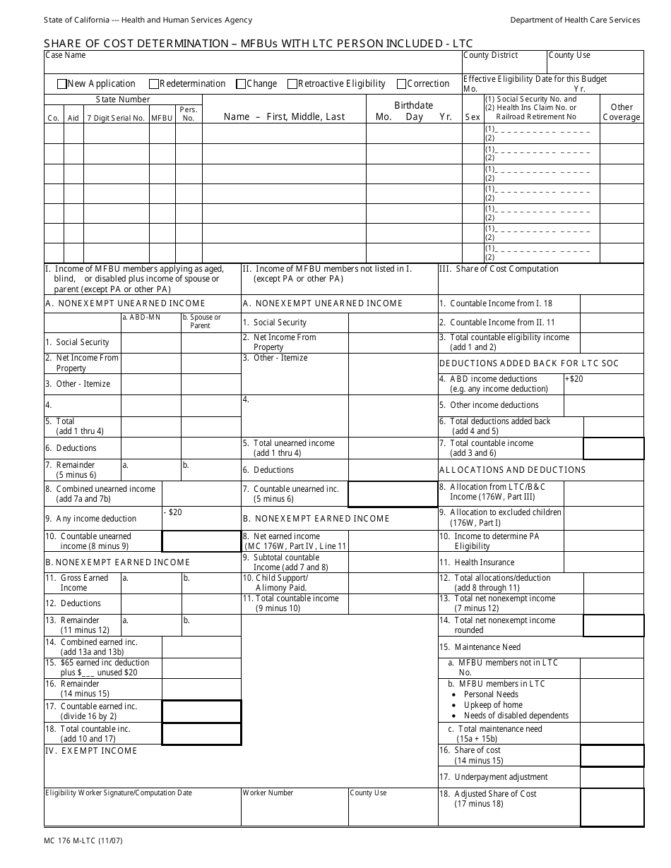 Form MC176 M-LTC Share of Cost Determination - Mfbus With Ltc Person Included - Ltc - California, Page 1