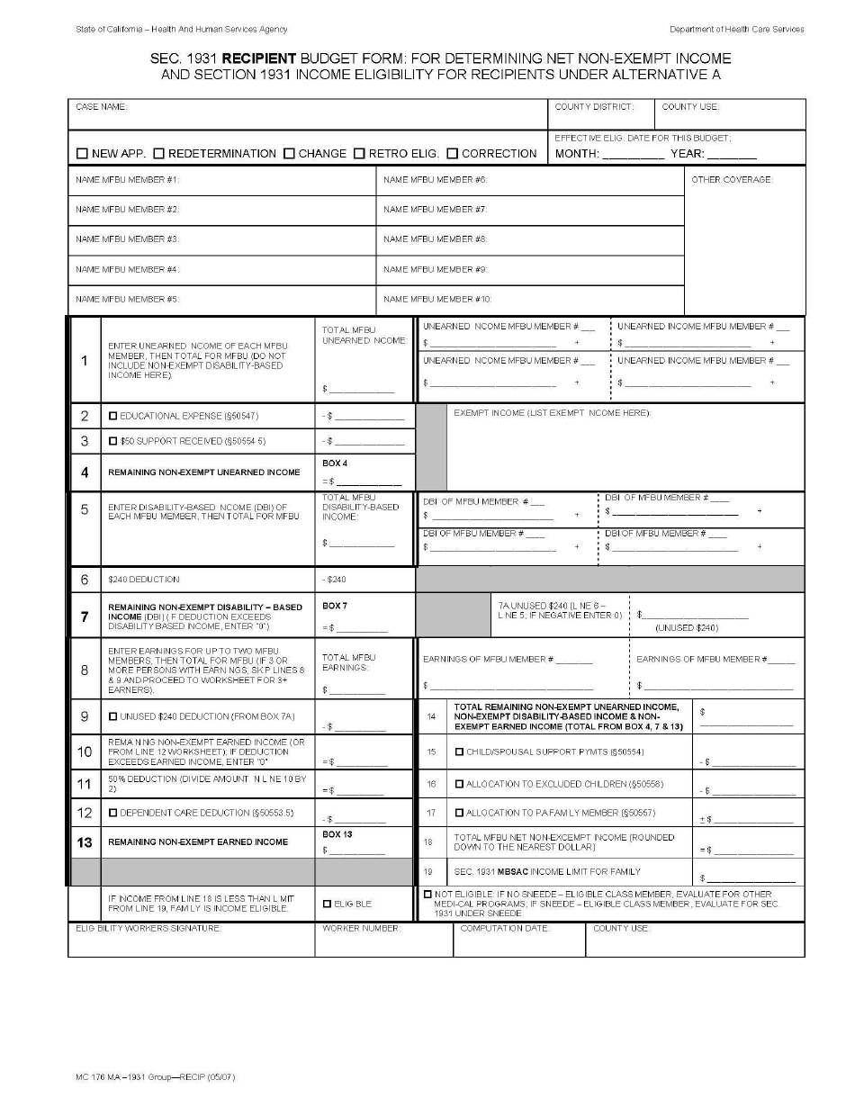 Form MC176 MA RECIPIENT SEC. 1931 Recipient Budget Form for Determining Net Non-exempt Income and Section 1931 Income Eligibility for Recipients Under Alternative a - California, Page 1