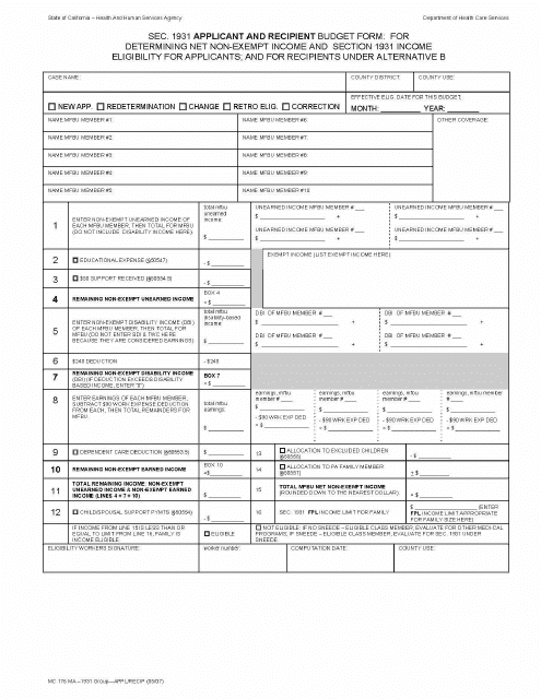 Form MC176 MA APPLICANT-RECIPIENT SEC. 1931 Applicant and Recipient Budget Form: for Determining Net Non-exempt Income and Section 1931 Income Eligibility for Applicants; and for Recipients Under Alternative B - California