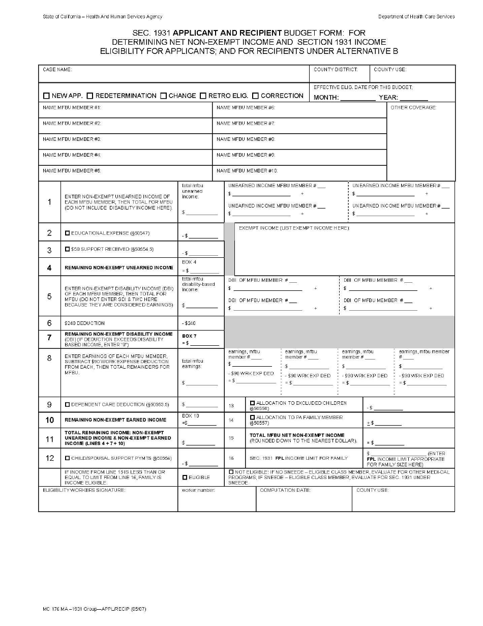 Form MC176 MA APPLICANT-RECIPIENT SEC. 1931 Applicant and Recipient Budget Form: for Determining Net Non-exempt Income and Section 1931 Income Eligibility for Applicants; and for Recipients Under Alternative B - California, Page 1