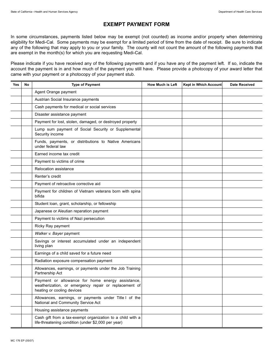 Form MC176 EP Exempt Payment Form - California, Page 1