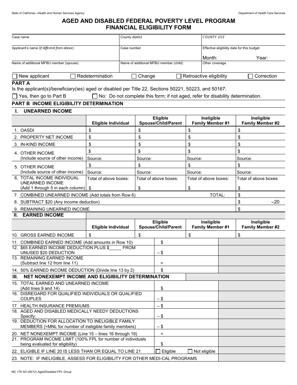 Form MC176 AD Aged and Disabled Federal Poverty Level Program Financial Eligibility Form - California, Page 1