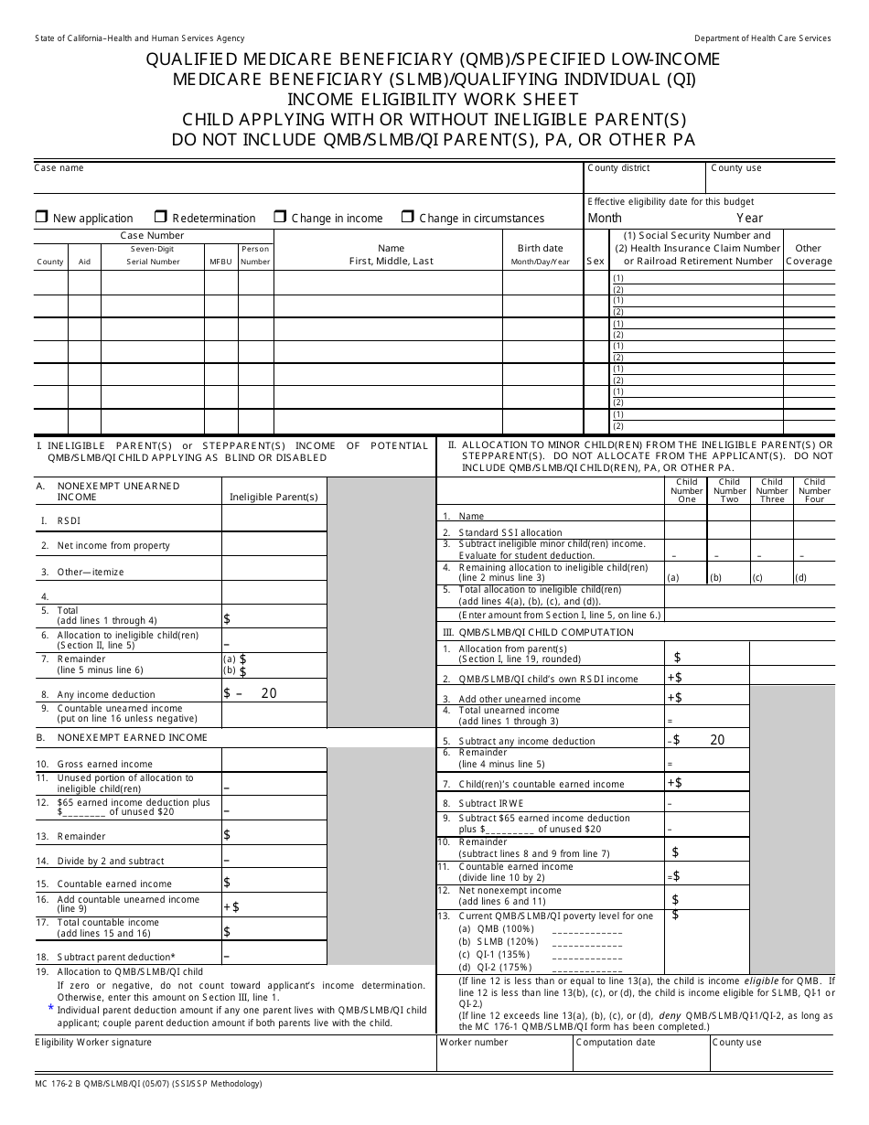Form MC176-2B QMB / SLMB / QI Qualified Medicare Beneficiary (Qmb) / Specified Low-Income Medicare Beneficiary (Slmb) / Qualifying Individual (Qi) Income Eligibility Work Sheet Child Applying With or Without Ineligible Parent(S) - California, Page 1