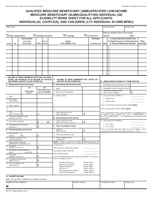 Form MC176-1 QMB/SLMB/QI Qualified Medicare Beneficiary (Qmb)/Specified Low-Income Medicare Beneficiary (Slmb)/Qualifying Individual (Qi) Eligibility Work Sheet for All Applicants: Individual(S), Couple(S), and Child(Ren) (Ltc Individual in Own Mfbu) - California
